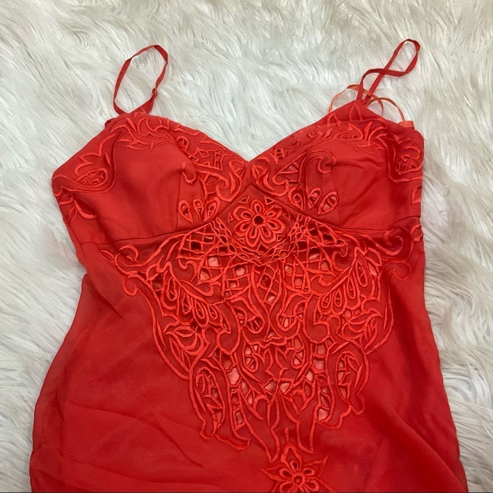 Sue Wong Orange Lace Sleeveless Asymmetrical Silk Babydoll Slip Midi Dress 4 - Picture 8 of 9